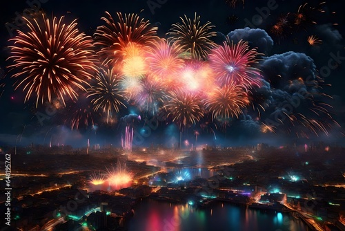 3d rendering Colorful fireworks exploding against sky.