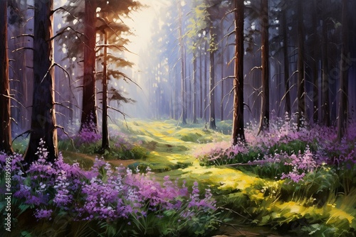 Oil painting of purple flower glade amidst forest with coniferous trees and avifauna. Generative AI