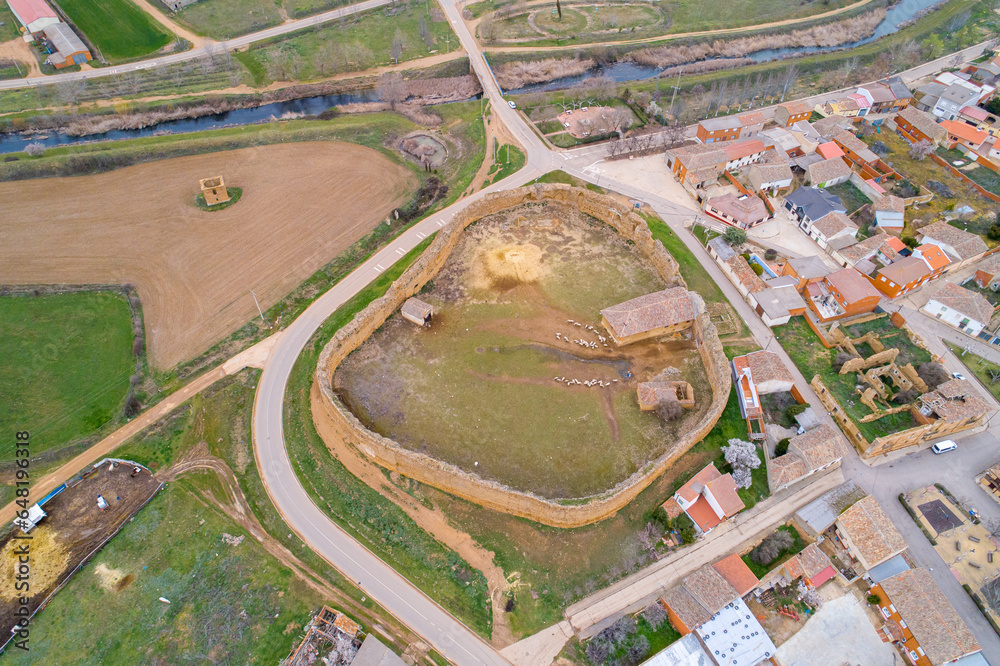 Aerial view of the medieval castle of San Pedro de Latarce, Valladolid. Spain