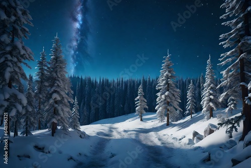 3d rending Forest on a mountain ridge covered with snow. Milky way in a starry sky. Christmas winter night. © Areesha