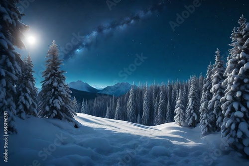 3d rending Forest on a mountain ridge covered with snow. Milky way in a starry sky. Christmas winter night.