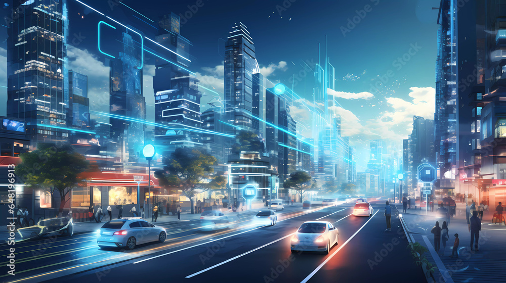 Obraz premium Smart City Pulse: Panorama of a Bustling Urban Landscape
