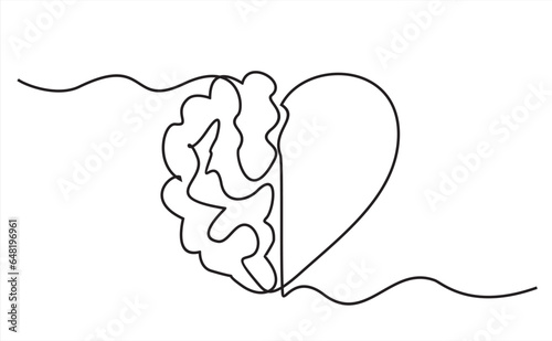 One continuous line drawing of half human brain and love heart shape logo icon. Psychological split affection logotype symbol template concept. Trendy single line draw design vector illustration