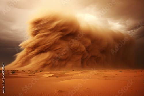 Extreme weather - desert sandstorm with dusty brown cloud. Generative AI