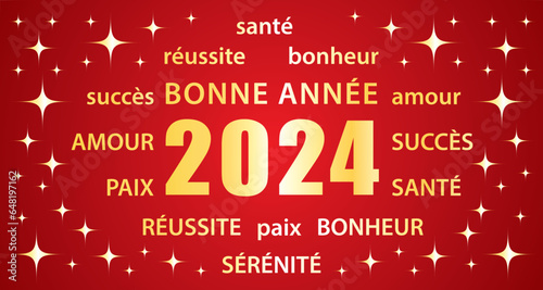 Bonne année 2024 ! Carte de vœux en français. Bannière vectorielle rouge et or.
