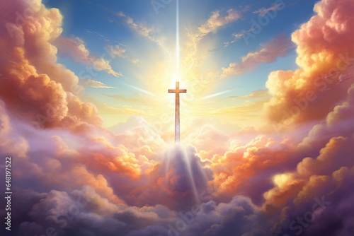 Bright cross in the sky with fluffy clouds, beautiful colors and shining light representing hope, love, and freedom. Generative AI