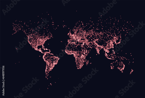 Earth night map. Vector illustration of cities lights from space. Dark map