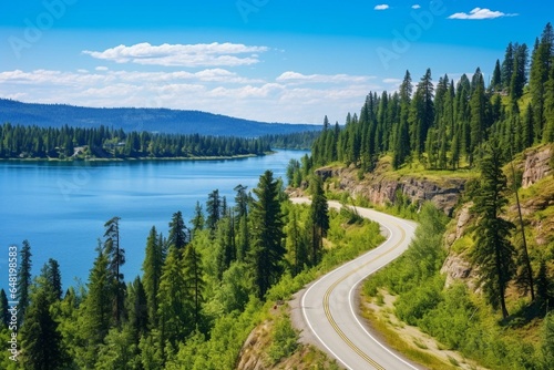Beautiful lake view and winding road in Canadian nature on a sunny summer day. North of Prince George, British Columbia. Generative AI