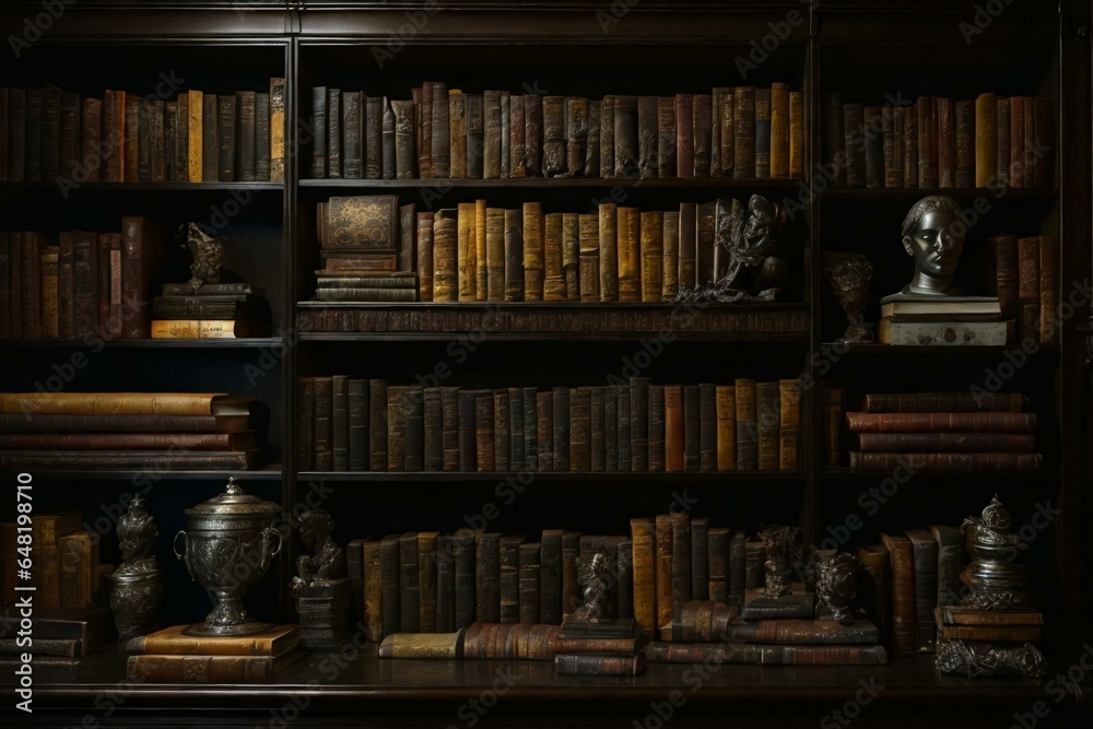 a bookshelf with many old books.