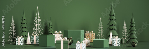 Winter Christmas scene with empty podium for product presentation. Luxury mockup podium with Christmas decoration on green background. 3D Rendering, 3D Illustration photo