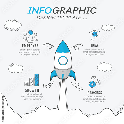 Infographic design template. Timeline concept with 4 options or steps template. layout, diagram, annual, rocket, start up, report, presentation. Vector illustration.