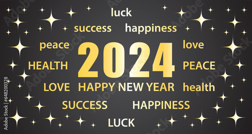2024 Happy New Year. Black and gold greeting card with best wishes. Illustration vector banner.