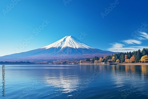 Captivating scenery of mountain Fuji and lake Ashinoko under a clear blue sky. Generative AI