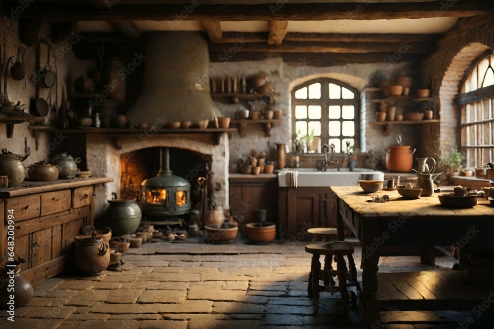 Tudor and medieval style cooking room - obrazy, fototapety, plakaty 