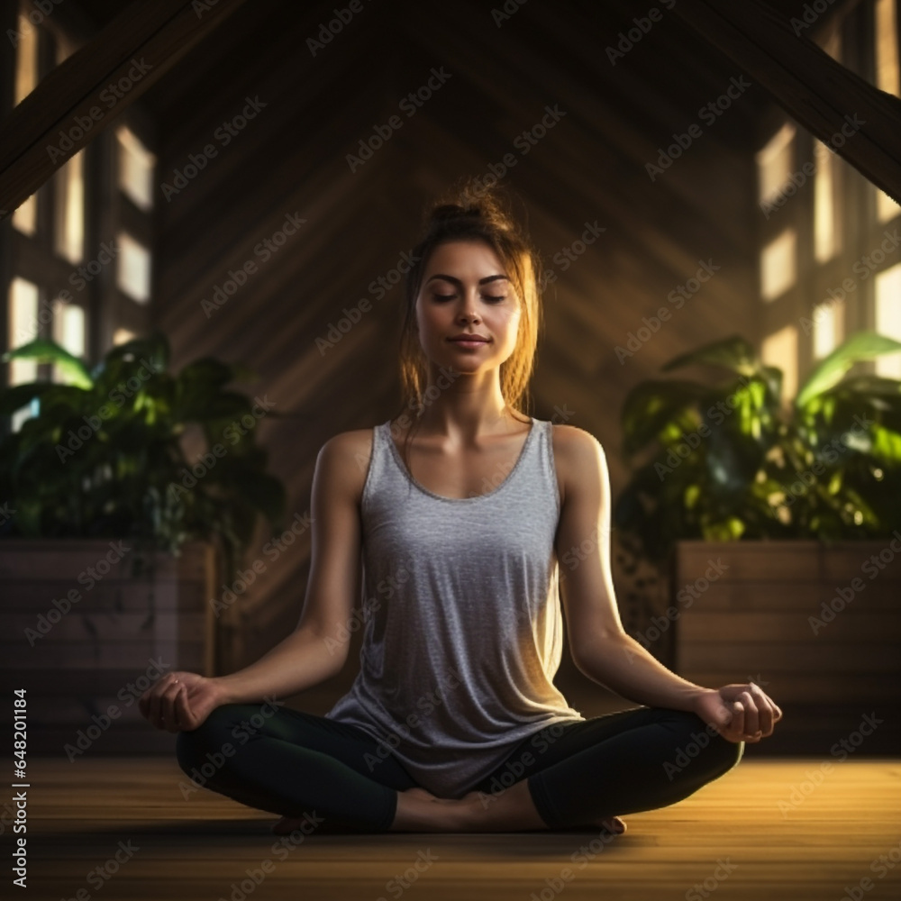 Yoga Girl sits on laminate with laminate, focuses on the floor, green leaves, high resolution, photorealistic, realism, maximum detail, Yoga Girl sits on laminate with laminate, focuses on the floor, green leaves, high resolution, photorealistic, realism, maximum detail,