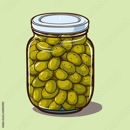 Canned olives in glass jar. Illustration outline food product in retro sketch style, vector