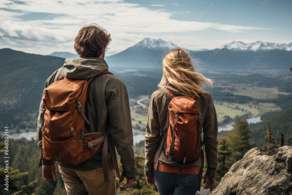 A couple enjoys a scenic hike to a mountain peak, embodying the shared passion for outdoor exploration and adventure within a couple's lifestyle. Generative Ai.