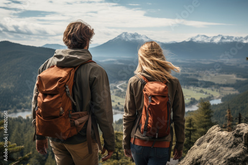 A couple enjoys a scenic hike to a mountain peak, embodying the shared passion for outdoor exploration and adventure within a couple's lifestyle. Generative Ai. © Sebastian