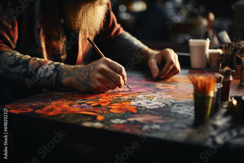 A close-up photograph highlights a person\'s hands crafting a piece of art, reflecting the devotion to artistic expression within a creative lifestyle. Generative Ai.