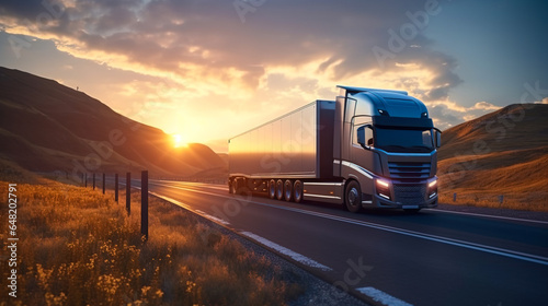 Blue truck driving trough countryside at sunset photo