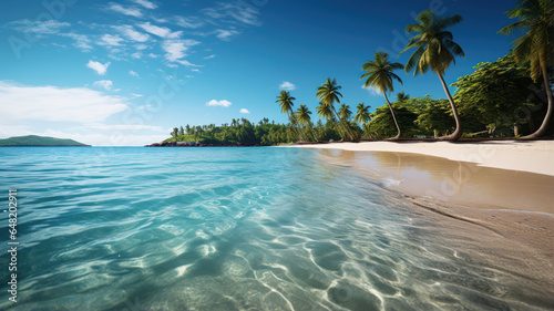 Tropical beach setting with crystal clear waters, white sand, and palm trees swaying in the wind