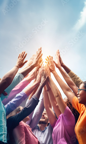 Teamwork concept with group of people giving high five at the same time