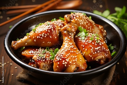 A delicious dish of cooked chicken drumsticks seasoned with sesame, honey, soy sauce, onion, and spices. Generative AI photo