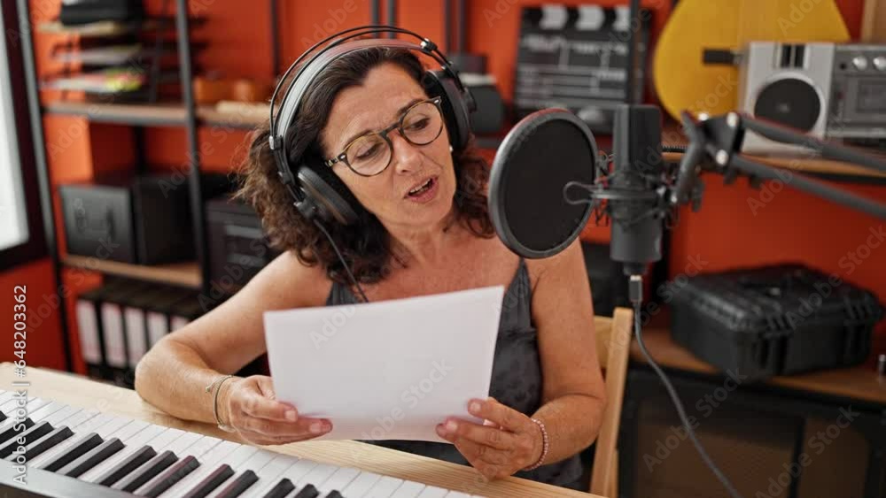 Middle age hispanic woman musician smiling confident singing song at music studio Middle age hispanic woman musician smiling confident singing song at music studio