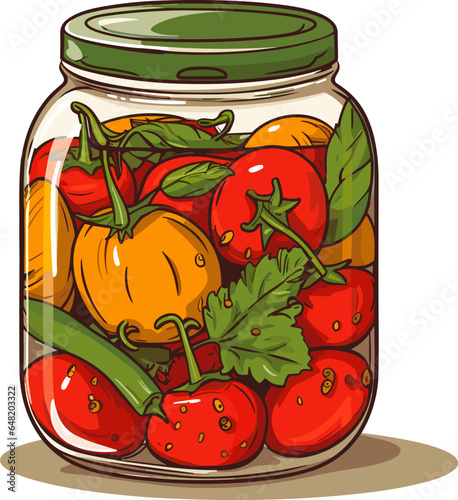 Jar preserved vegetables. Can of pickled tomatoes and pepper. Cartoon canned food in glass. Grocery conserve container