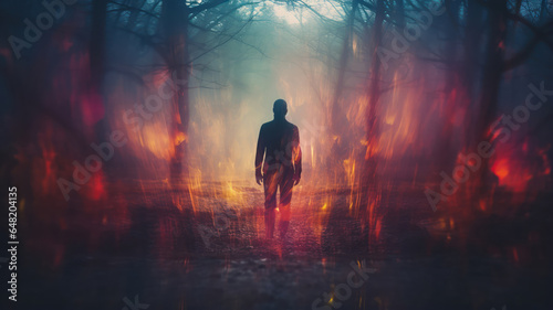 A haunting double exposure photograph merging a forest landscape with a human silhouette © PRI