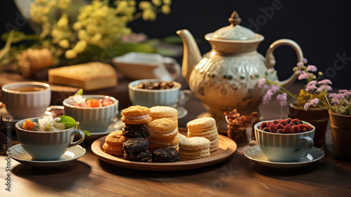 Charming tea set arranged on a wooden table, featuring an assortment of teas and pastries