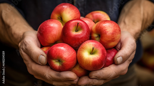 Close-up shot of a farmer hands holding a basket of freshly picked apples