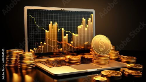 Laptop with gold coins and financial graph