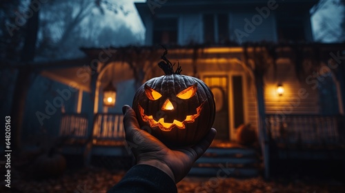 Halloween Jack-o'-lantern held by a hand, spooky and scary house in background, Trick or treat, October, autumn