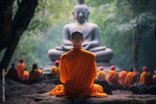 Photographie Novices monk vipassana meditation at front of statue