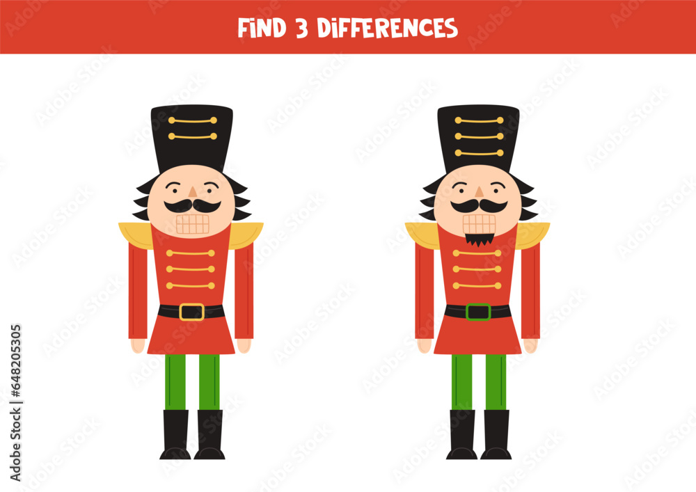Find three differences between two pictures of cartoon nutcracker. Game for kids. Find three differences between two pictures of cartoon nutcracker. Game for kids.
