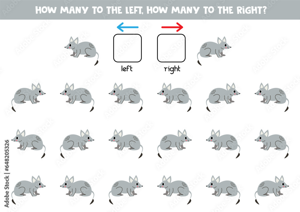 Fototapeta premium Left or right with cute cartoon gray bandicoot. Logical worksheet for preschoolers.