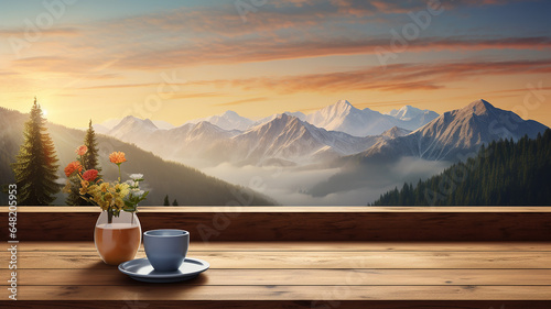 coffee cup on empty wooden table with mountain view in the morning. © Yuwarin