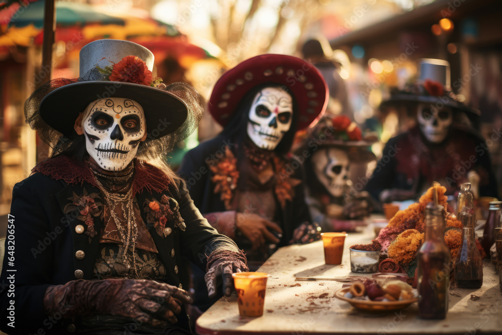 People in traditional costumes and skeleton mask on face are celebrating Day of Dead. Dia de los Muertos holiday
