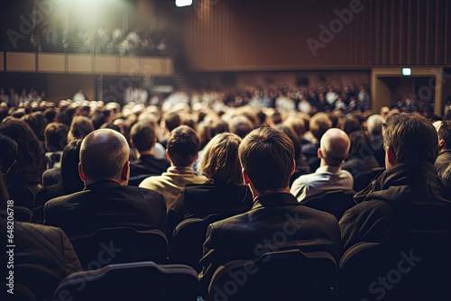 Rear view of Audience listening Speakers on the stage in the conference hall or seminar meeting, business and education about investment concept Generate AI
