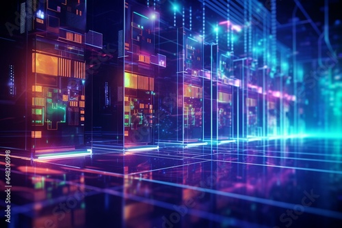 Close-up neon illustration with futuristic abstract background and lines representing network, data center, server, internet, and speed. Generative AI