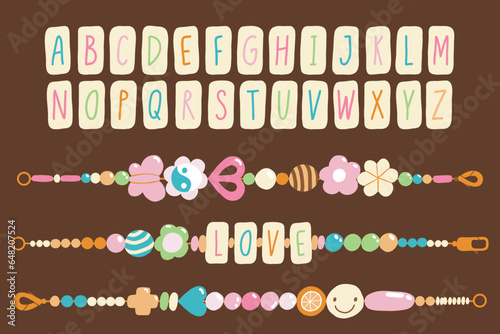 Old school retro friendship bracelets and bead alphabet. Handmade jewelry. Cute doodle set of 00s and 90s. Trendy hippie collection. Flat vector script. Do it yourself concept. Hand written letters