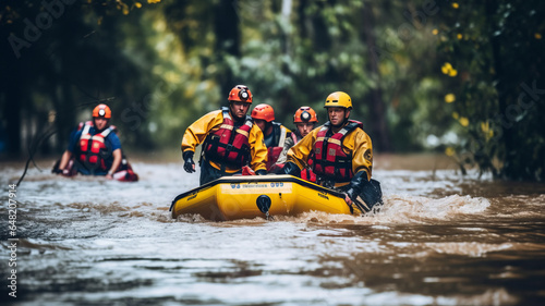 A group of firefighters using boats and other equipment to rescue people stranded in a water-related emergency, such as a flood or a capsized boat.Generative AI. © JKLoma