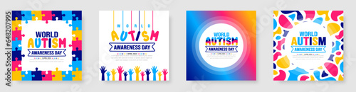 World autism awareness day typography sticker or social media post banner design template set celebrated in 2 April. use to background, banner, card, greeting card, poster, book cover, placard, frame.