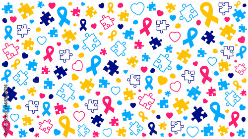 World autism awareness day puzzle pieces pattern background template celebrated in 2 April. use to banner, card, greeting card, poster, book cover, placard, frame, social media post banner template.