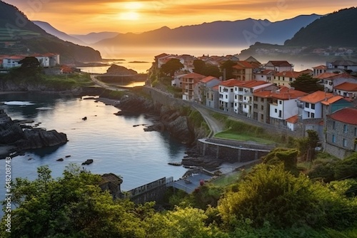 Coastal village at sunrise in Lastres, Asturias, Spain. Generative AI