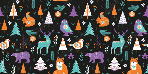 Christmas retro winter pattern with forest animals deer bear fox bird fir trees and plants on a dark background. Design for invitations and cards. Flat doodle style. Vector illustration.