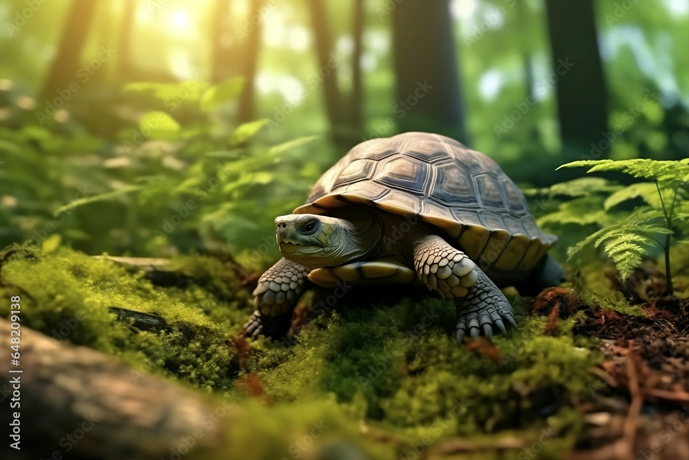 Turtle in the forest on the green moss, soft focus background