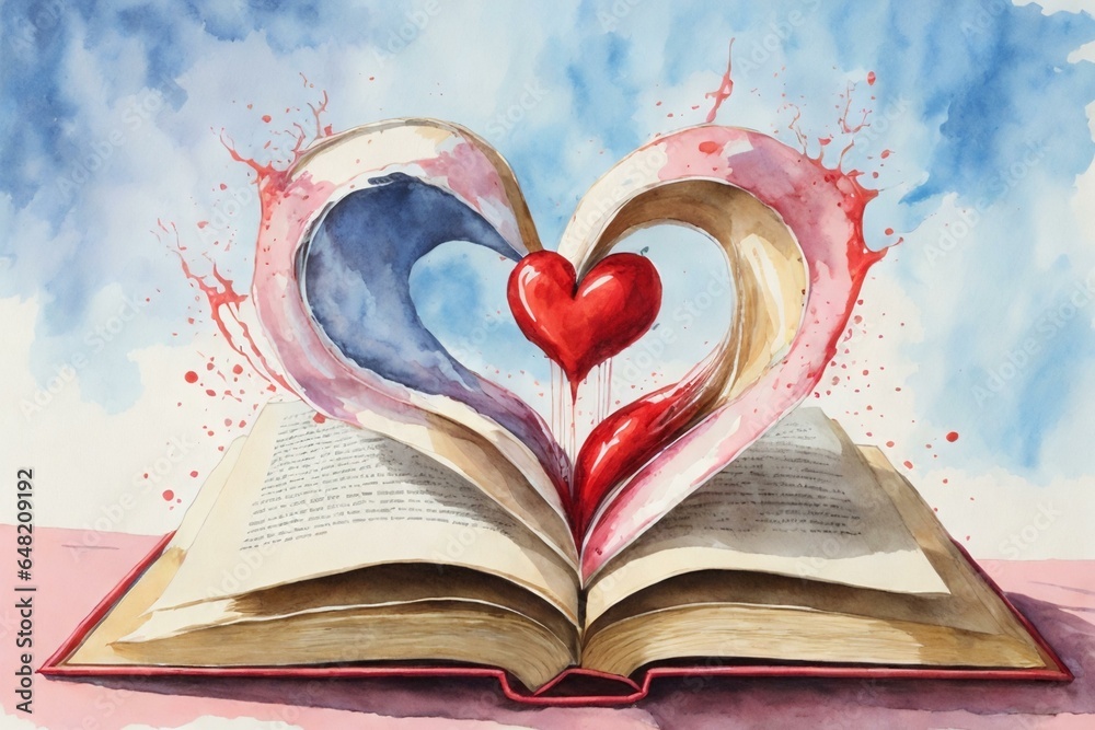 watercolor heart shape in open book pages watercolor heart shape in open book pages