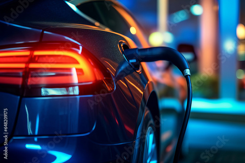 extreme close up photo of an electrical car charging at a gas station © JKLoma